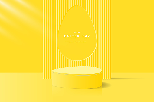Yellow 3D egg cylinder podium pedestal realistic or stage for showcase with egg hole shape backdrop. Minimal scene for mockup product, presentation. 3D vector geometric platform. Happy easter day.