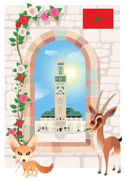 Vector illustration of Morocco and Hassan II Mosque