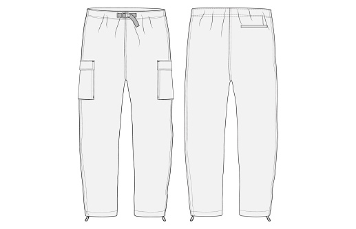 This vector illustration provides a detailed flat sketch of cargo pants, showcasing both front and back views. The drawing serves as a blank template, allowing for easy customization and application in fashion design and production. The illustration accurately represents the distinct features of cargo pants, such as multiple pockets and a relaxed fit, making it an ideal tool for designers looking to develop their own versions of this versatile garment. The neutral and precise depiction ensures that the template can be utilized across a wide range of projects, including garment design planning, fashion education materials, and online clothing catalogs.