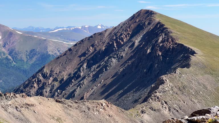 Grays and Torreys fourteener high elevation peak saddle mountaineering hike hiking adventure Rocky Mountains Continental Divide summer sunny blue bird high elevation above alpine landscape snow melt