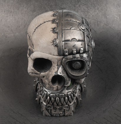 cyborg skull isolated on metal background