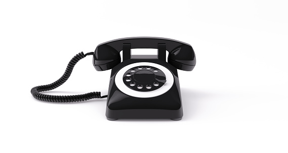 3D Rendering, Close up black telephone mock up, retro communication equipment object design, isolated white background.