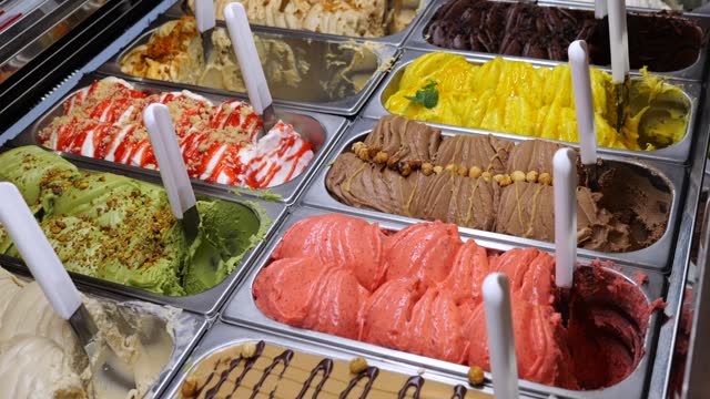 There wide variety of different flavors of ice cream on display in supermarket. Sweet dessert gelato is presented for every flavor. Every day you can try new ice cream flavor to choose your favorite.