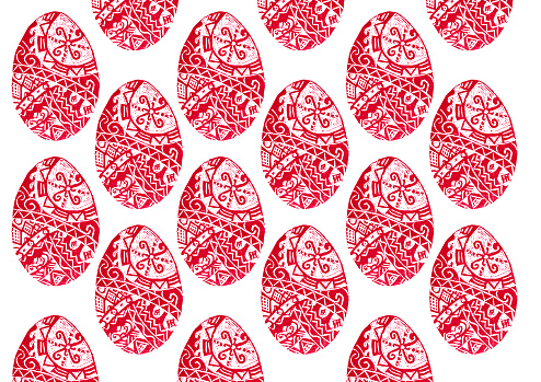 Red Easter Pattern Pattern Of Easter Eggs Filled With Ornament Red Color On A White ...