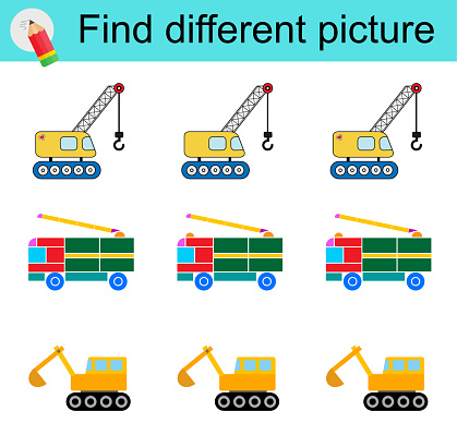 Logic game for children. Find different picture. Vector illustration. Cartoon crane, trolleybus, excavator.