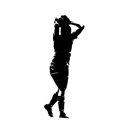 Female footballer makes a throw-in, isolated vector silhouette. Woman playing soccer
