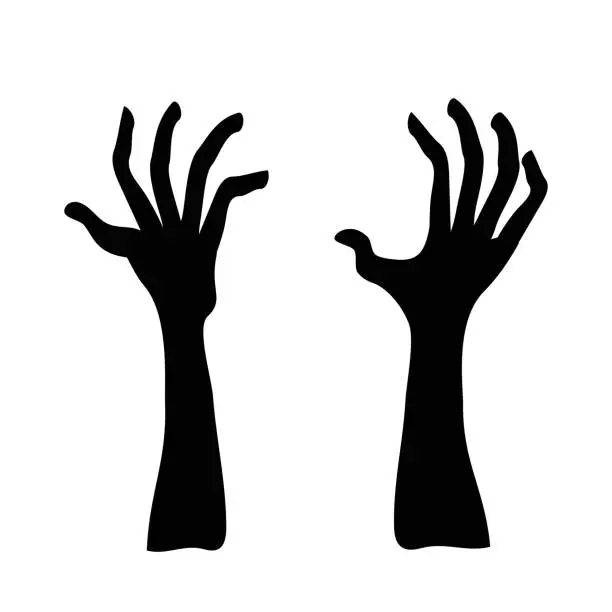 Vector illustration of Vector halloween zombie hands spooky haunted arms appear on ground silhouette vector illustration set