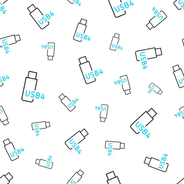 Vector illustration of USB4 flash drive. Seamless pattern. Line icons on white background