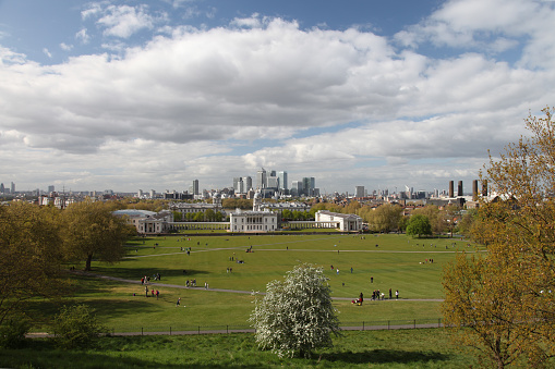 UK London cityscape skyline aerial view Canary Wharf from Greenwich