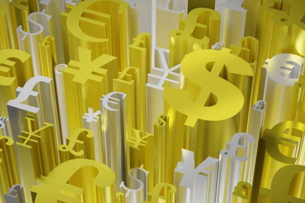 High angle view of a Dollar symbol standing out over other currency symbols