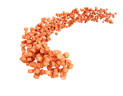 3d Orange Plastic Pellets Or PVC Polymer Beads Flowing Coming In The Air 3d Illustration