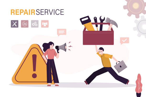 istock Technical repair service. Call specialist, worker man fast run to help. Repairman holds giant toolbox with work tools. Woman customer with warning triangle symbol need support. 2077554723