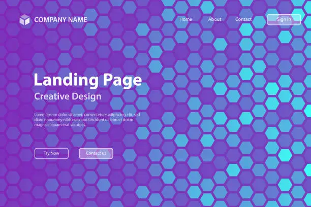 Vector illustration of Landing page Template - Hexagonal mosaic with Blue gradient - Abstract geometric background