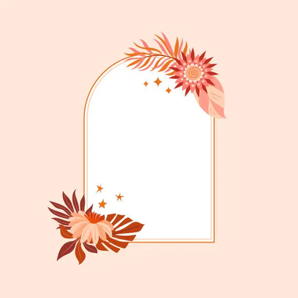 Vector illustration of Elegant floral boho frame with leaves