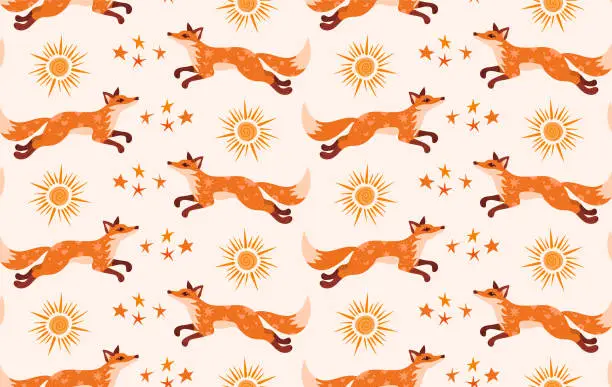 Vector illustration of Cartoon pattern with fox and sun