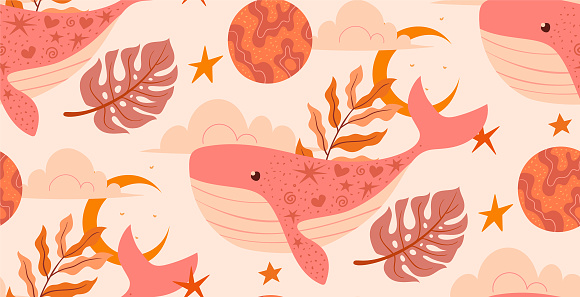 Magical pattern with whale and planets