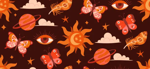 Vector illustration of Magical pattern with sun, butterflies, eyes and planets