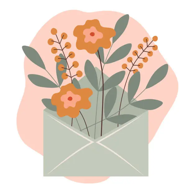 Vector illustration of envelope with a bouquet of flowers. flat illustration. Valentines day card design.