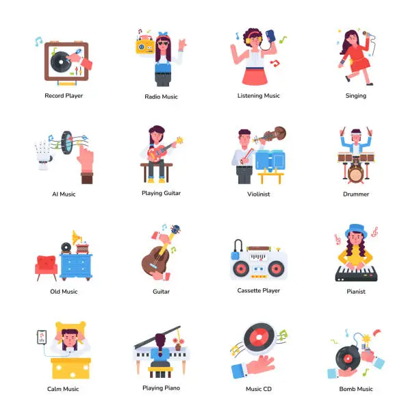 Vector illustration of Set of 16 Song and Music Flat Icons
