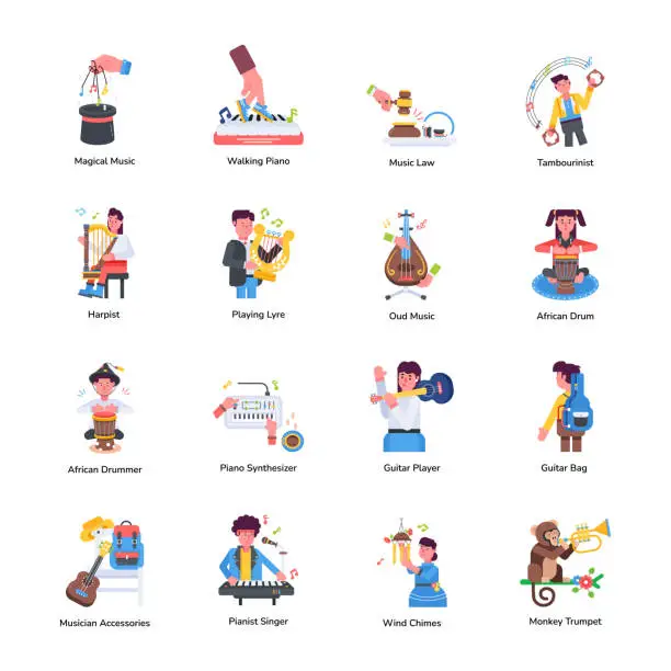 Vector illustration of Set of Traditional Music Flat Icons