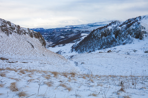 Karachay-Cherkessia, Russia. Caucasus Mountains winter landscape