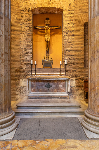 Pantheon interior. Wooden Jesus crucified. Third chapel. Rome landmark Italy