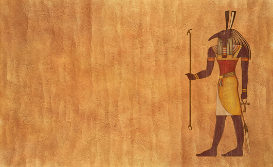 3d illustration. Egyptian god figure on wall. Myth Cairo figures and statues.