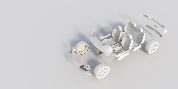 Car main body parts assembly on white ground. 3d render.