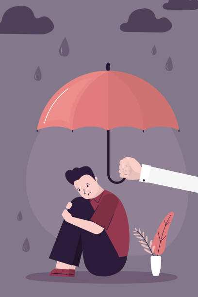 istock Psychologist give umbrella for sad, frustrated man. Depressed man sitting alone. Helping hand and psychology support concept. Overcoming problems, treating fears and phobias. 2077658938