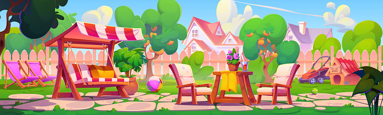 Country home backyard with trees and furniture. Cartoon summer landscape of yard with green grass and fruit woods, swing with canopy and lounge, wooden table with chairs and dog house, lawn mower.