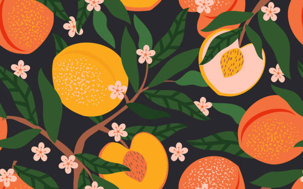früchte und blüten von pfirsichen und aprikosen mit blättern an einem zweig bilden ein nahtloses muster. sommerlicher tropisch-fruchtiger vibe für stoffe, textilien und geschenkpapier. vektor. - peach dark peaches backgrounds stock-grafiken, -clipart, -cartoons und -symbole