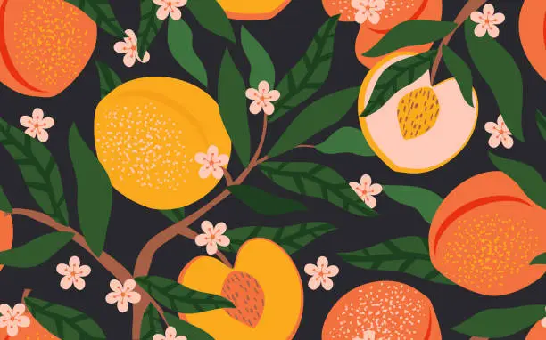 Vector illustration of Fruits and flowers of peaches and apricots with leaves on a branch form a seamless pattern. Summer tropical fruity vibe for fabrics, textiles and wrapping paper. Vector.