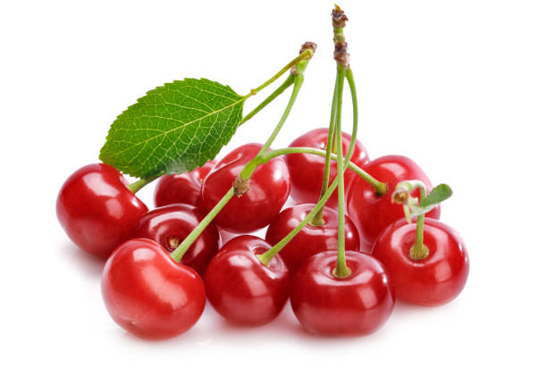 istock Fresh cherries with green leaves. Isolated on white background. 2077667800