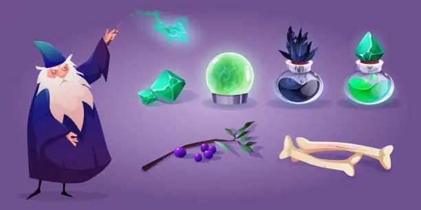 Vector illustration of Old wizard and set of magic assets