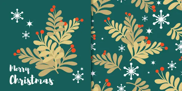 Vector illustration of Christmas banner and seamless pattern of berry branches with snowflakes on green background.