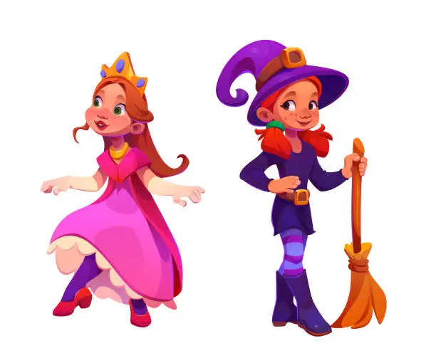 Vector illustration of Cute girls in princess and witch costumes