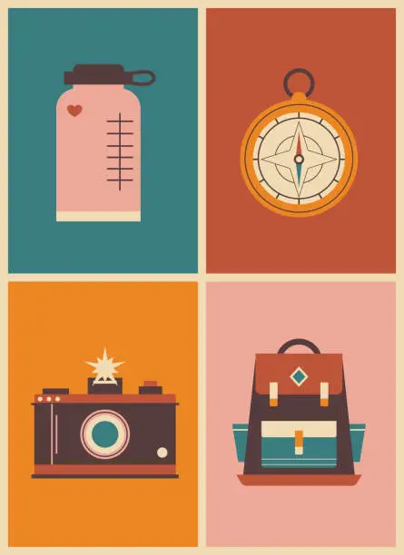 Vector illustration of retro geometric bright poster with camping and hiking things. thermos, compass, camera, backpack