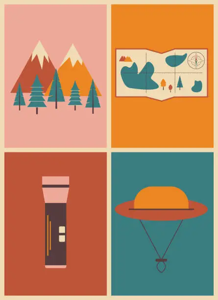 Vector illustration of retro geometric bright poster with camping and hiking things. mountains, map, flashlight, hat