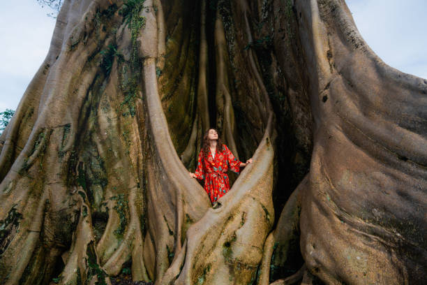 istock Woman in touch with nature enjoying interaction with giant banyan tree on Bali 2077706590