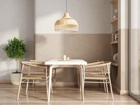 Modern Dining Room With Dining Table, Chairs, Houseplant And Wicker Lamp