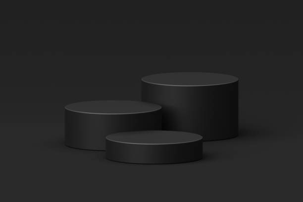 istock Black product podium display advertising stage presentation studio showcase mockup 3d template stand background with minimal modern luxury elegant pedestal or empty dark floor backdrop web banner. 2077739944