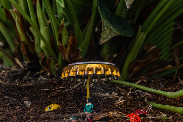 A female figurine in a miniature garden