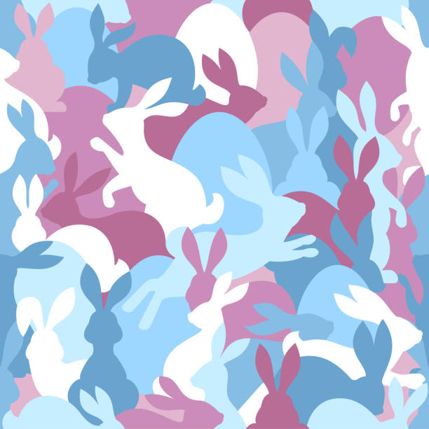 Easter Rabbits Seamless Pattern. Easter Seamless Pattern with cute bunnies, and eggs. butterfly purple blue isolated stock illustrations
