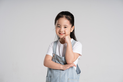 Portrait of a lovely Asian baby girl posing on a white background
