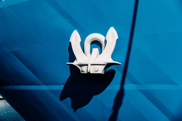 Detail of a ship's hull and anchor. Copy space.