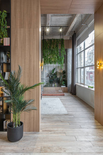istock huge modern spacious apartment with high ceilings, panoramic windows with fantastic view, wooden decor, kitchen area, separate shower in greenery and dressing room 2077784383
