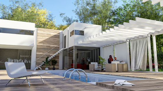 3D rendering of a House exterior with a pool and a sitting area with a pergola