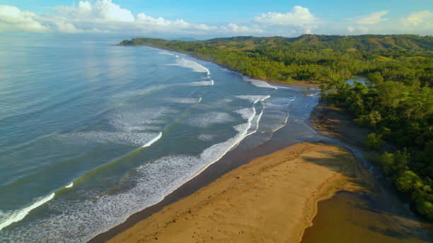 istock AERIAL: Morning tide of Pacific Ocean covered sandy shore at the river mouth 2077789708