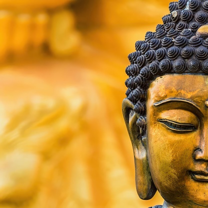 Experience tranquility with this exquisite close-up of a golden Buddha statue, featuring dark blue hair curls and an elongated ear against a blurred golden backdrop. Ideal for spiritual, cultural, or artistic themes, this image embodies peace and enlightenment, perfect for those seeking a serene visual representation of Buddhist artistry in a vibrant, ornate setting