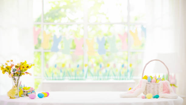 istock Easter home decoration. Eggs basket and bunny. 2077800146